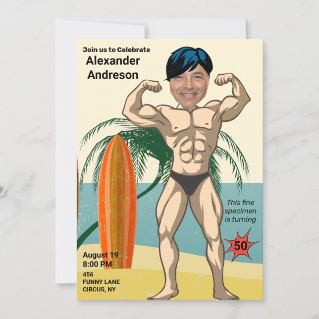 50th Birthday 💪🤣 Mens Funny Bodybuilder Muscle Invitation (Front)
