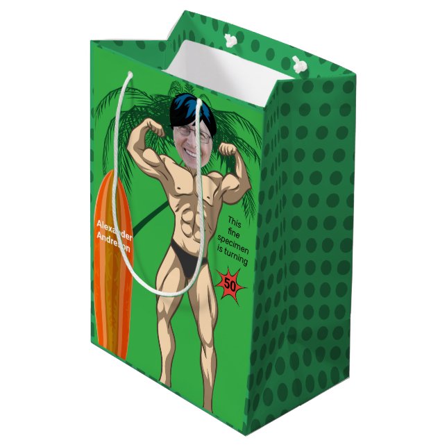 50th Birthday 💪🤣 Mens Funny Bodybuilder Muscle Medium Gift Bag (Back Angled)