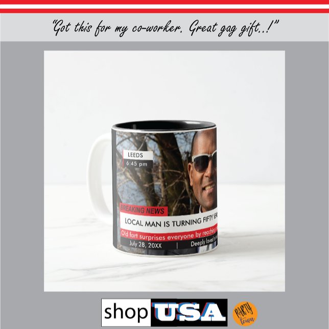 50th Birthday 🎂 Mens Funny TV News 40th 60th Two-Tone Coffee Mug (great gag gift)