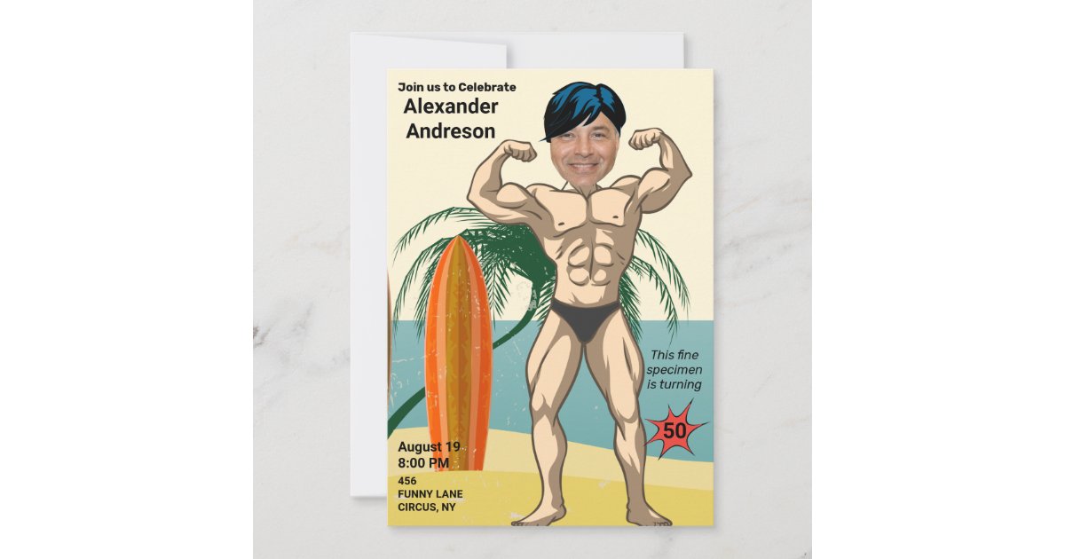 50th Birthday Mens New Funny Bodybuilder Muscle Invitation Zazzle