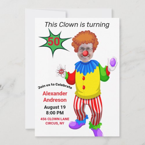 50th Birthday Mens New Funny Yellow Clown Epic   Invitation