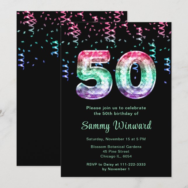 50th Birthday Mermaid Balloons with Confetti Invitation (Front/Back)