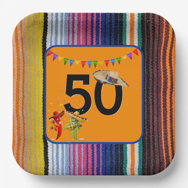 50th Birthday Mexican Design Paper Plates (Front)