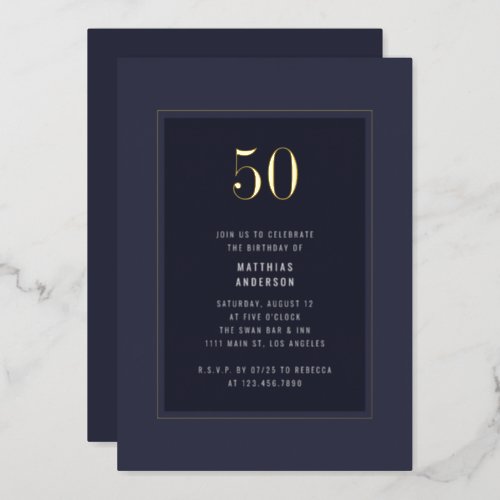 50th Birthday Minimal Elegant Dark Gold Frame Foil Invitation