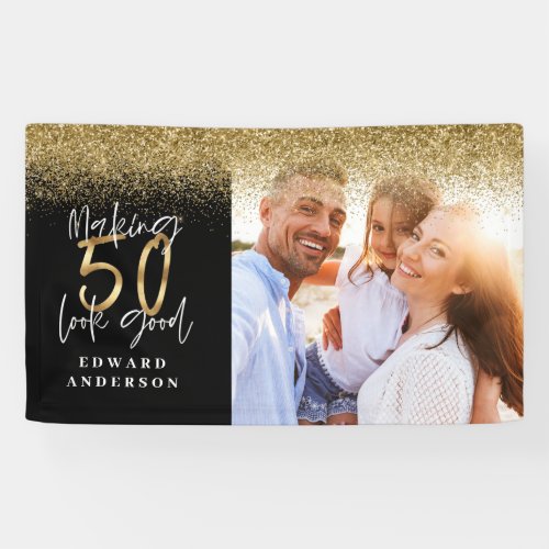 50th birthday modern black and gold glitter photo banner