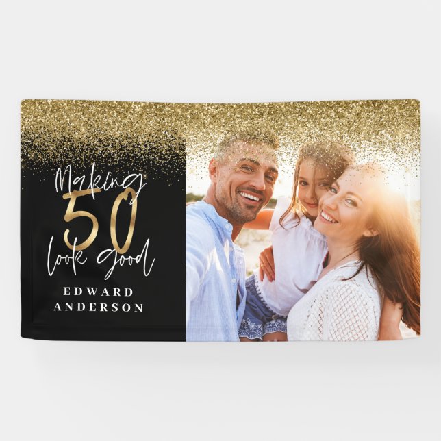 50th birthday modern black and gold glitter photo banner (Horizontal)