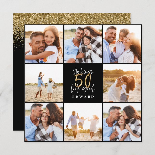 50th birthday modern black and gold photo collage (Front/Back)
