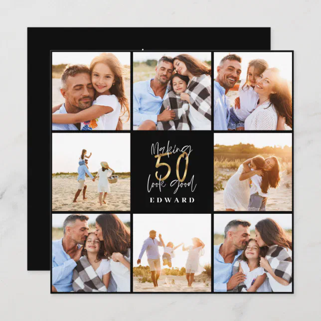 50th birthday modern black and gold photo collage | Zazzle