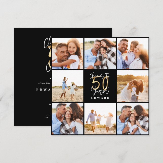 50th birthday modern black and gold photo collage (Front/Back)