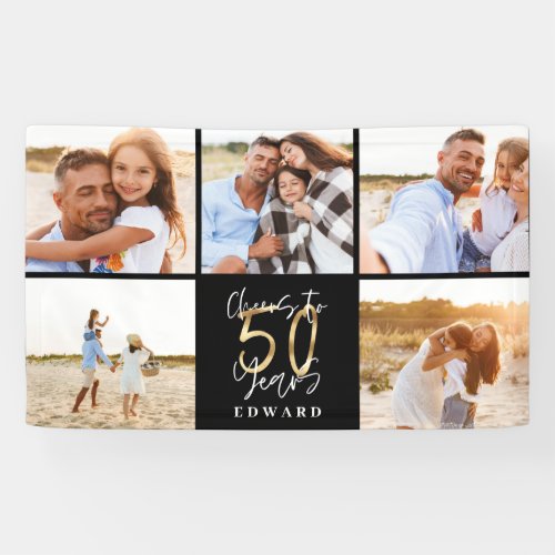 50th birthday modern black and gold photo collage banner