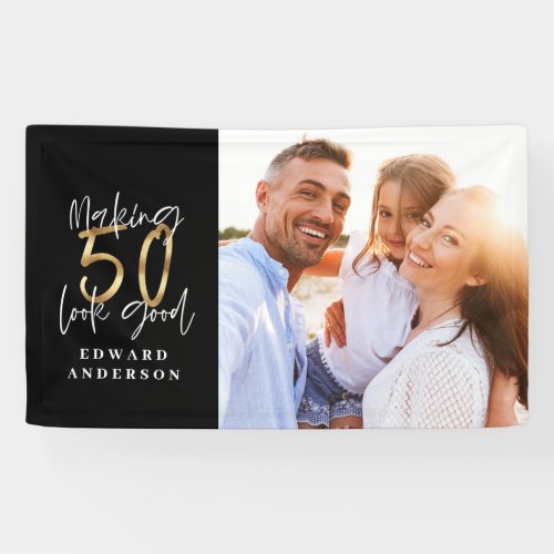 50th birthday modern black and gold photo collage banner