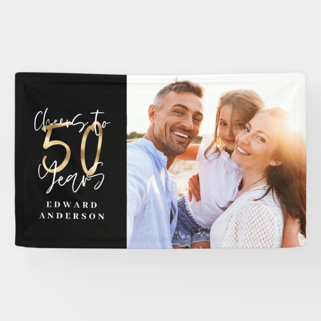 50th birthday modern black and gold photo collage banner (Horizontal)
