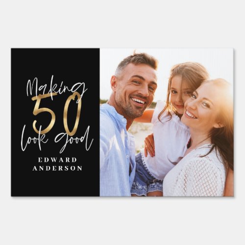 50th birthday modern black and gold photo collage sign