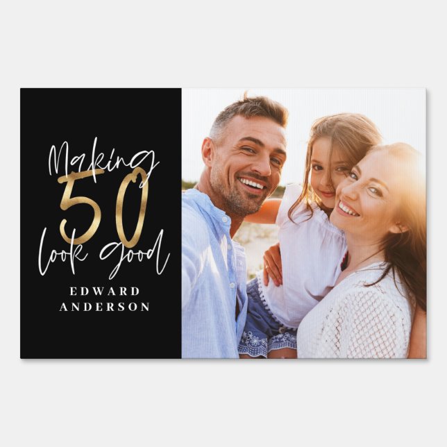 50th birthday modern black and gold photo collage sign (Front)