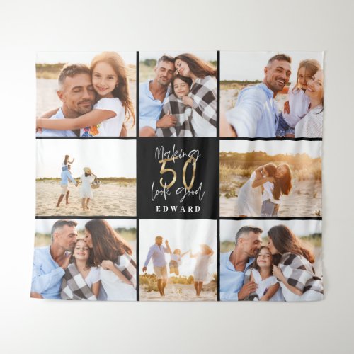 50th birthday modern black and gold photo collage tapestry