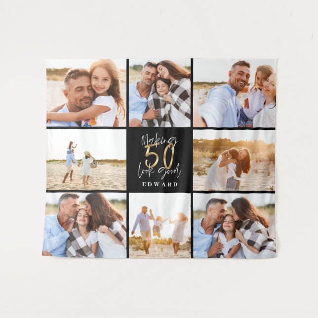 50th birthday modern black and gold photo collage tapestry (Front (Horizontal))