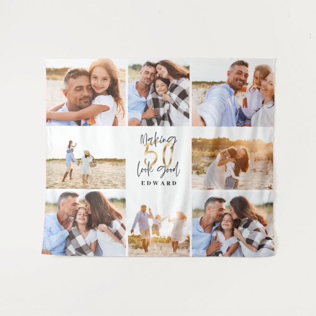 50th birthday modern black and gold photo collage tapestry (Front (Horizontal))