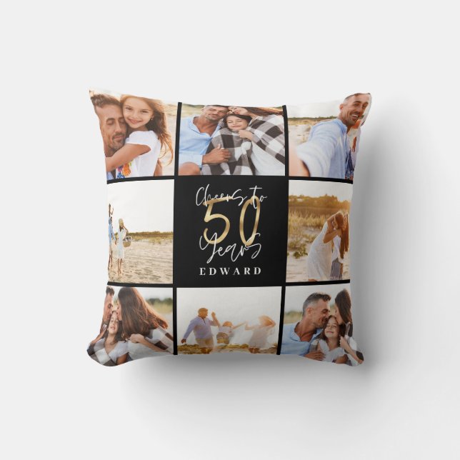 50th birthday modern black and gold photo collage throw pillow (Front)