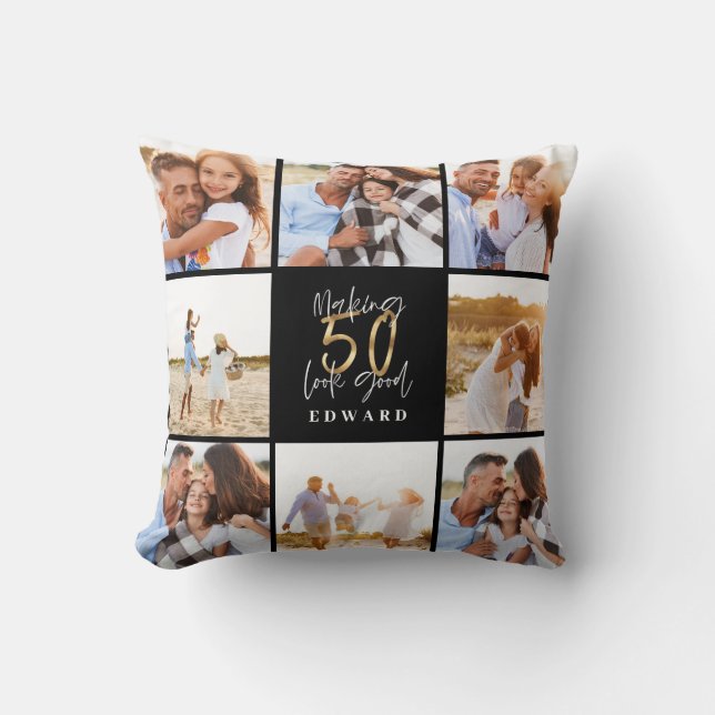 50th birthday modern black and gold photo collage throw pillow (Front)