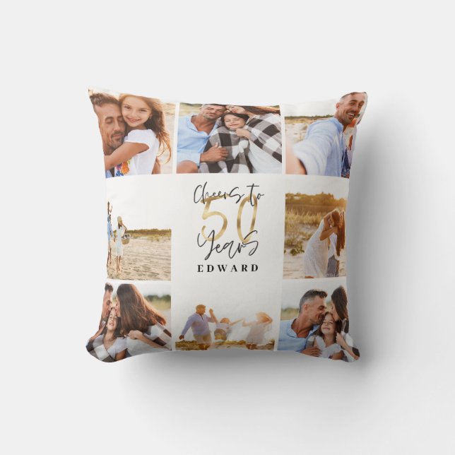 50th birthday modern black and gold photo collage throw pillow (Front)