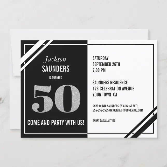 50th Birthday Modern Black and White Party Invitation | Zazzle