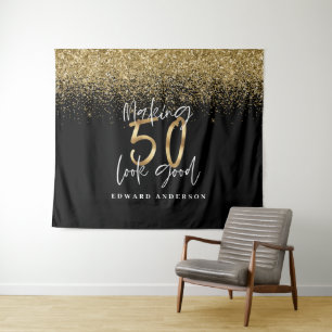 50th birthday modern black + gold glitter stylish tapestry