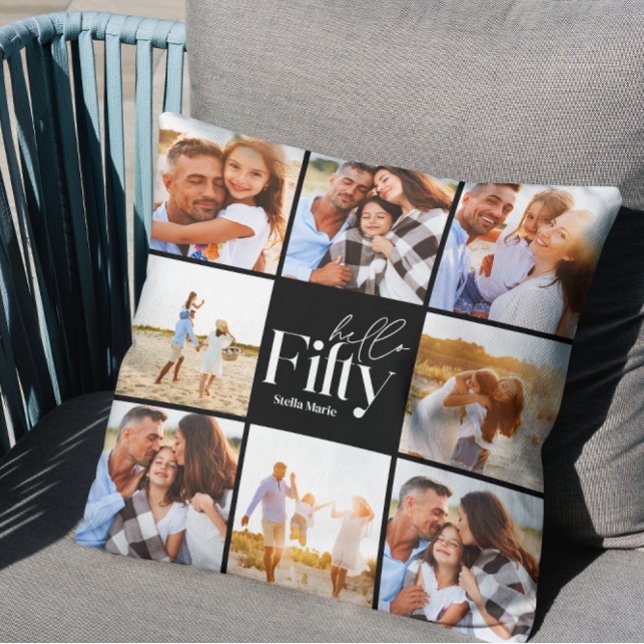 50th birthday modern black photo collage simple throw pillow (Creator Uploaded)
