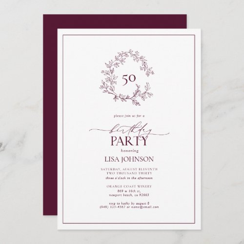 50th Birthday Modern Burgundy Leafy Crest Invitation