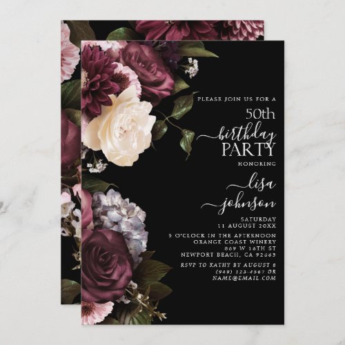 50th Birthday Modern Dark Moody Burgundy Floral Invitation
