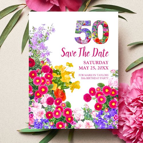 50th birthday modern floral Save The Date postcard