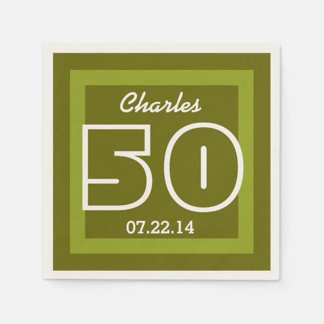 50th Birthday Modern Geometric V16 OLIVE GREEN Paper Napkins (Front)