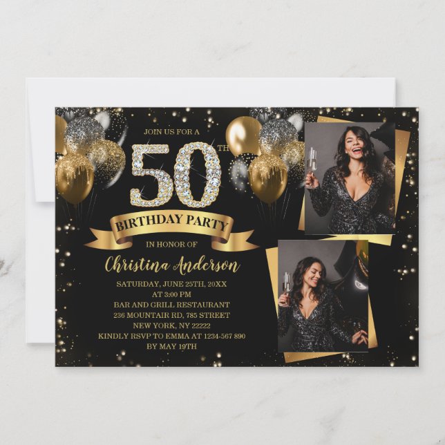 50th Birthday Modern Gold Glitter Balloons 2 Photo Invitation (Front)