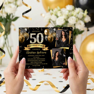 50th Birthday Modern Gold Glitter Balloons 2 Photo Invitation