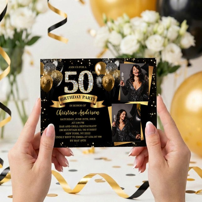 50th Birthday Modern Gold Glitter Balloons 2 Photo Invitation (Glam black and gold 50th birthday invite with diamond 50, balloons, confetti and two custom photos)