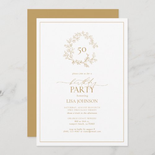 50th Birthday Modern Gold Leafy Crest Invitation
