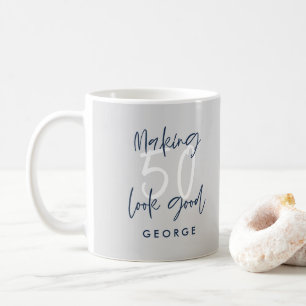 50th birthday modern gray and navy blue gift coffee mug