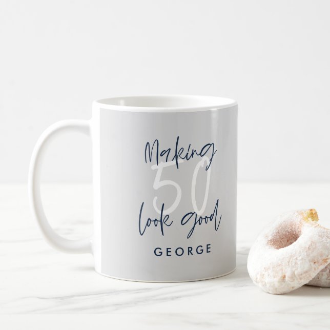 50th birthday modern gray and navy blue gift coffee mug (With Donut)