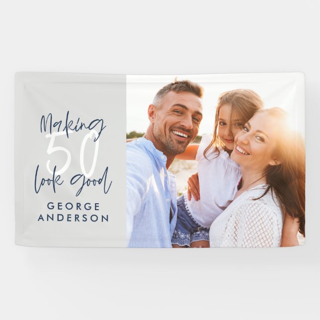 50th birthday modern gray and navy blue photo banner (Horizontal)