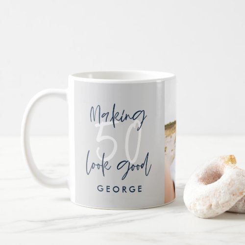 50th birthday modern gray and navy blue photo gift coffee mug