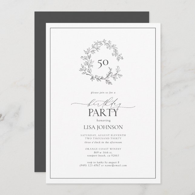50th Birthday Modern Gray Leafy Crest Invitation (Front/Back)