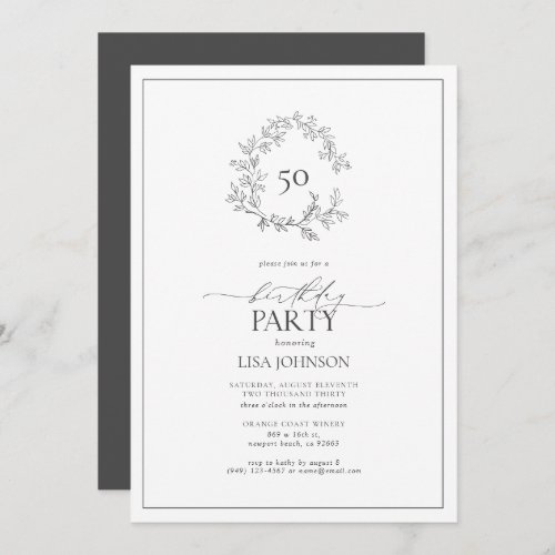50th Birthday Modern Gray Leafy Crest Invitation