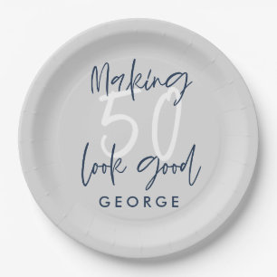 50th birthday modern gray + navy blue party paper plates