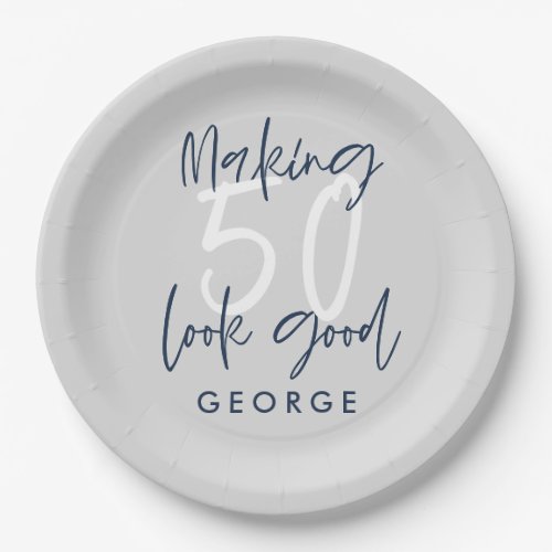 50th birthday modern gray  navy blue party paper plates