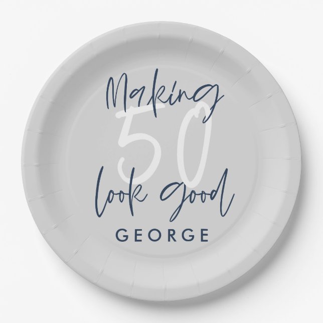 50th birthday modern gray + navy blue party paper plates (Front)
