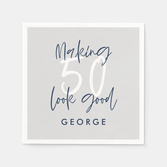 50th birthday modern gray + navy blue photo party napkins (Front)
