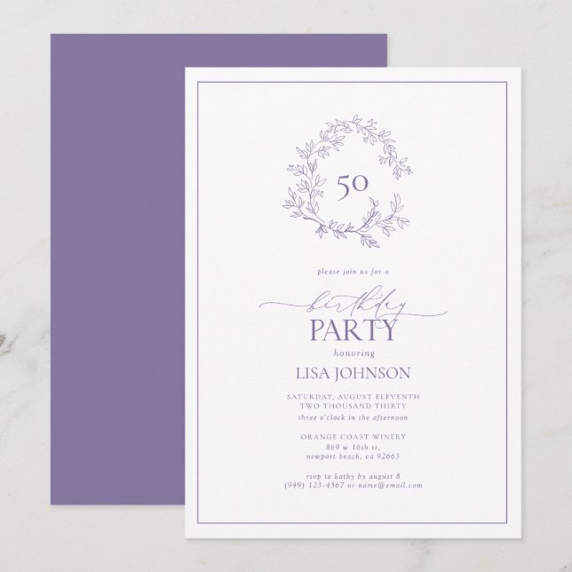 50th Birthday Modern Lilac Lavender Leafy Crest Invitation (Front/Back)