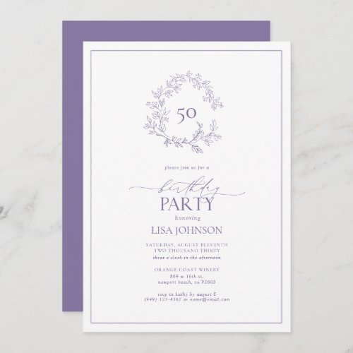 50th Birthday Modern Lilac Lavender Leafy Crest Invitation