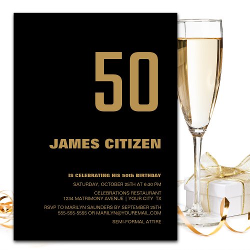 50th Birthday Modern Minimalist Black Gold Party Invitation