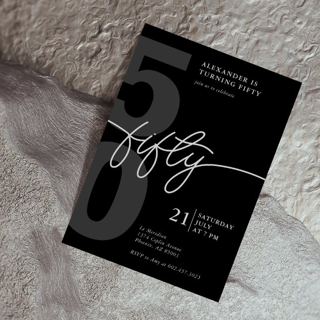 50th Birthday Modern Minimalist Black Gray Invitation (Creator Uploaded)