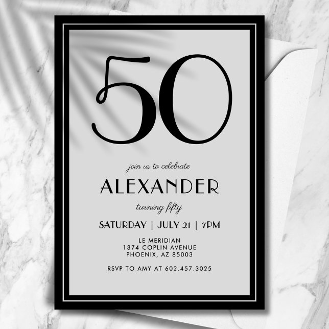 50th Birthday Modern Minimalist Mens Black Gray Invitation (Creator Uploaded)